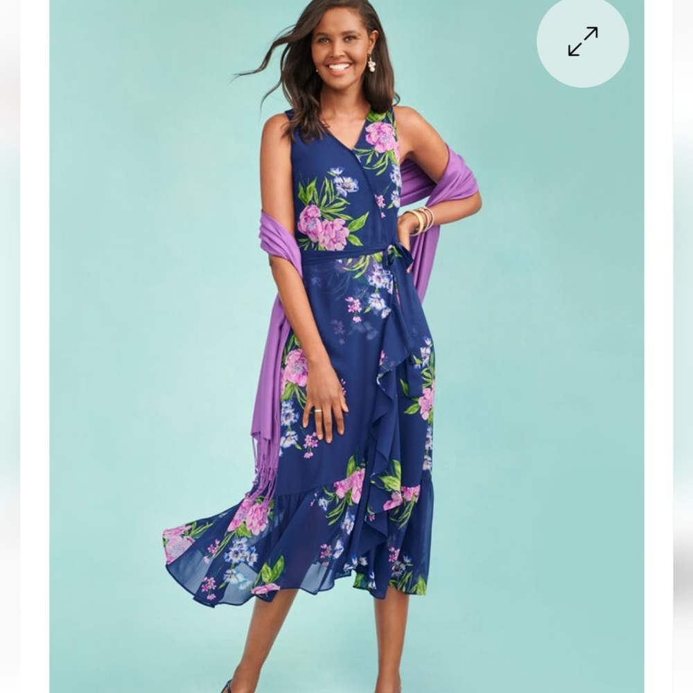 New Talbots Blue and Purple Floral Midi Dress